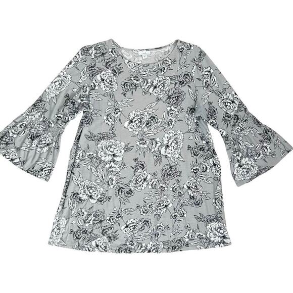 J. JILL Smocked Sleeve With Ruffle Tunic Top Women’s Sz. M Gray & White Floral - Picture 2 of 7